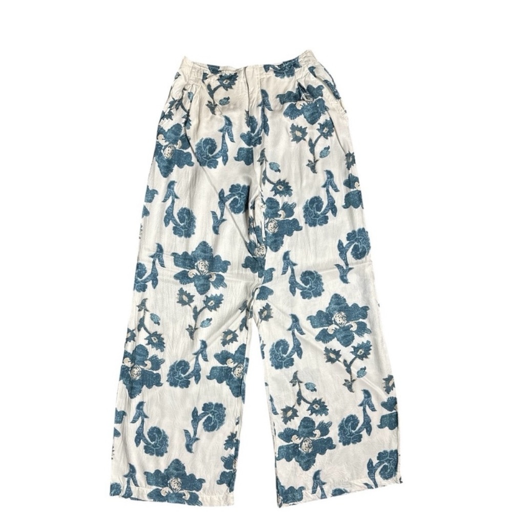 ANTHROPOLOGIE BLOCK PRINT GREEN AND WHITE SILKY TROUSERS SIZE MEDIUM TALL - Picture 8 of 12
